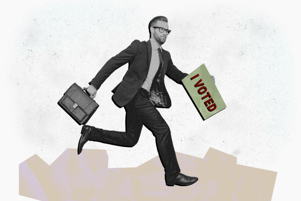 选择政府政治的综合趋势艺术作品草图图像照片拼贴，标语“我投票”，候选人奔跑，男士穿着正式服装，手提行李箱。图片下载