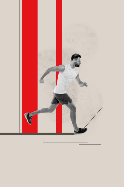 垂直照片拼贴，严肃的运动男士晨跑，健康生活方式，马拉松比赛，背景为涂鸦风格。图片下载