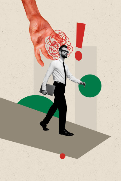 严肃商人走路时手持笔记本电脑，老板抓住压力，独立于涂鸦背景的垂直照片拼贴。图片下载