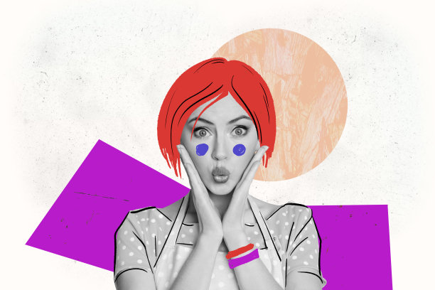 复合趋势艺术作品 3D 草图图像 照片拼贴 年轻女士亲吻鸭嘴妆插图 穿着表情符号面部扮相 发型图片下载