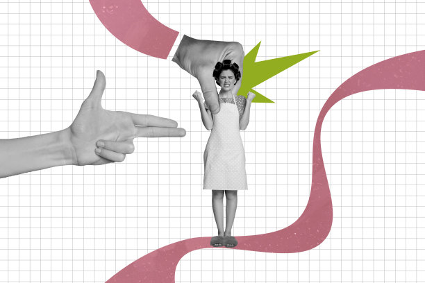 年轻的女家务工穿着围裙，做出愤怒的手势，表现出烦躁和攻击性，创意照片拼贴。图片下载