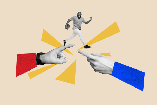 三维拼贴风格的复古插画，描绘了两个手指指向一个奔跑的男孩，背景为涂鸦风格。图片下载