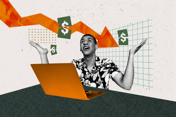 创意图片拼贴：年轻沮丧的男人因经济衰退和通货膨胀而感到恐慌，箭头指向美元货币的下跌。图片下载