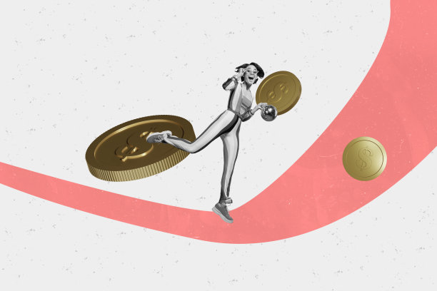 年轻女性手持迪斯科球的合成趋势艺术作品，舞会、舞蹈、走路、财富、金币、成功、目标方向的照片拼贴。图片下载