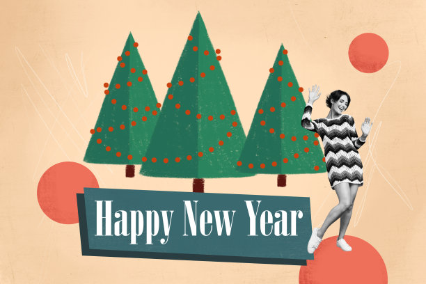 冬季假日的复合趋势艺术作品素描，照片拼贴，包含圣诞节和新年装饰，年轻女士微笑着挥手。图片下载