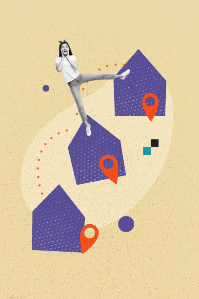 复合趋势艺术作品 3D 草图图像 照片拼贴 小型年轻女性站在平衡房屋建筑上 重新定位地图点 房地产图片下载