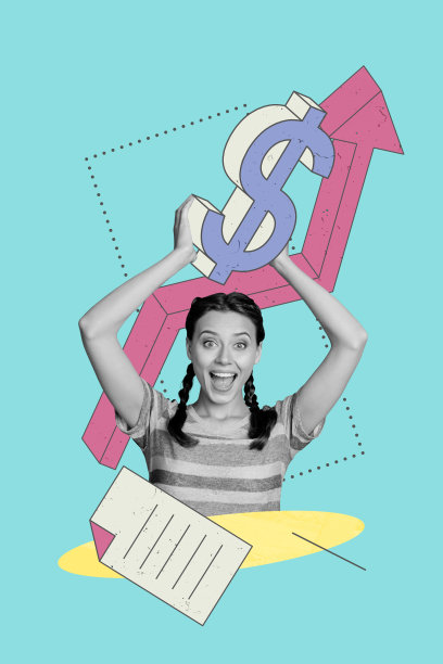 商业趋势艺术作品草图，照片拼贴，展示一位年轻女性手持巨大的美元符号，象征着成功的上升箭头和文件。图片下载
