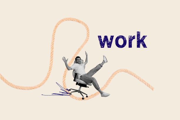 抽象创意照片概念拼贴，搞笑积极的男人坐在扶手椅上拖延工作，背景为柔和的色彩。图片下载