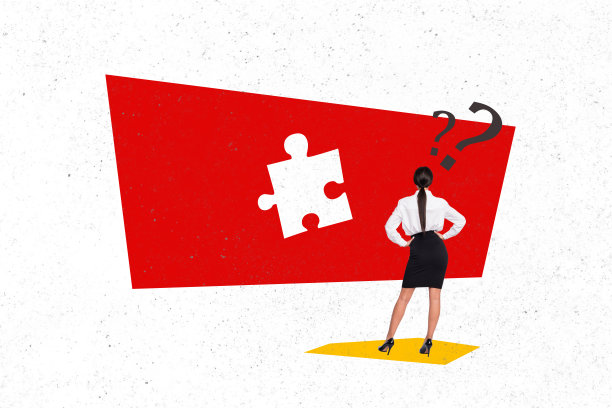 质疑的女商人站在拼图上，进行战略发展进展的照片拼贴，背景为涂鸦风格。图片下载