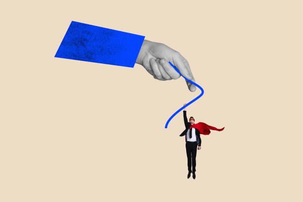 商业人士合作的拼贴照片，手握绳索支持，穿着超级英雄服装的男人，背景为涂鸦风格。图片下载