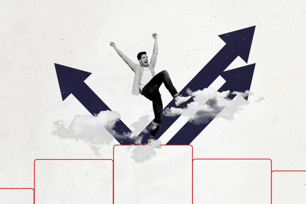 创意照片拼贴，年轻男性领导力，方向箭头，成长，改善，发展，实现目标，瞄准，绘图背景图片下载