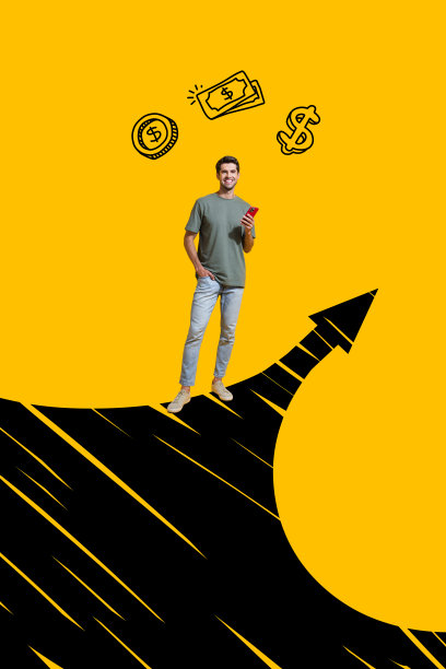 快乐的自由职业者手持手机，向上指箭头，展示现金收入和利润的竖向照片拼贴，背景为涂鸦风格。图片下载