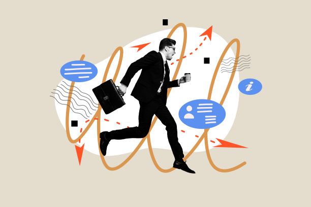 严肃商人手持咖啡杯，运行箭头发展界面的合成照片拼贴，背景为涂鸦风格。图片下载