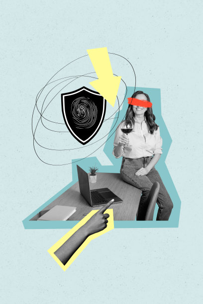 快乐女孩在工作场所手持酒杯的垂直照片拼贴，背景为涂鸦风格，涉及指纹访问和网络安全解码。图片下载