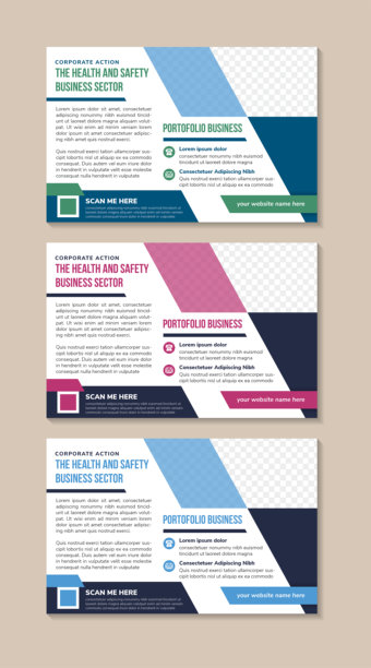 抽象海报横向布局设计模板合集，标题为“健康与安全商业领域”，背景为白色，留有照片拼贴的空间。图片下载