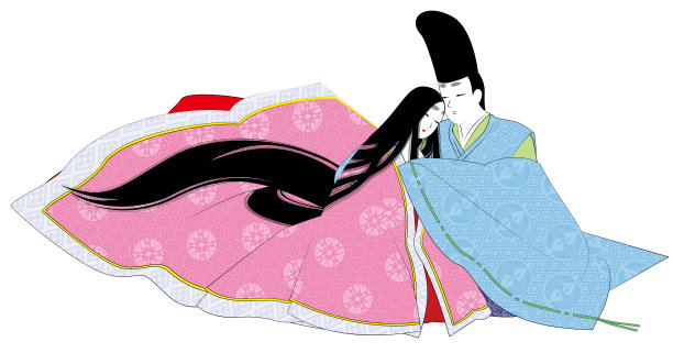 平安时代风格的男女约会插图。男士穿着日本传统服饰“狩衣”，女士则穿着“内衣”。图片下载