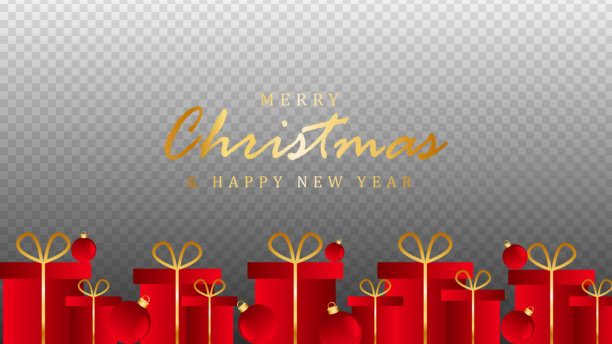 红色礼品盒和圣诞球在透明背景上隔离。新年背景，圣诞卡片或照片和文本的框架。图片下载