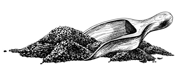 木制勺子与一堆浴盐，SPA美容放松的化妆品。黑白单色线条艺术手绘插图。构图，排列，升华。图片下载