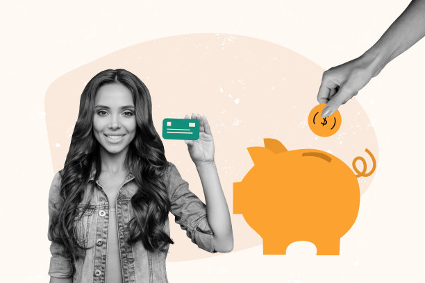 工作、商业、金钱、硬币堆、富裕、比特币的综合趋势艺术作品素描照片拼贴，年轻女性站立并持有银行信用卡。图片下载