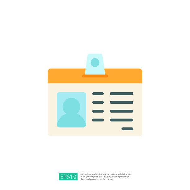 一幅简化的身份证明徽章插图，包含一个占位符照片和个人信息的文本字段。图片下载