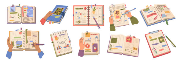多样化的人们在计划本和组织器上写下日程和想法。矢量人物在相册中做笔记，以收集旅行或旅程的回忆。带有照片和干燥植物的日记。图片下载