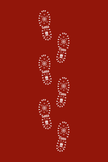 圣诞老人脚印。圣诞节，新年，礼物和奇迹。圣诞老人雪地里的鞋印。带有礼物和雪花的圣诞老人脚印。图片下载