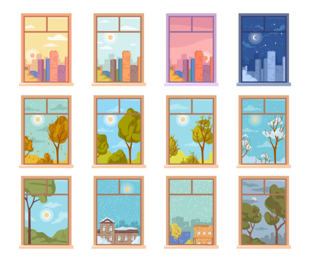 不同时间和季节的窗户。平面风格的矢量图，孤立的公园和城市景观。夜晚的城市景观，白天和夜晚的花园，早晨和傍晚。冬季和春季。图片下载