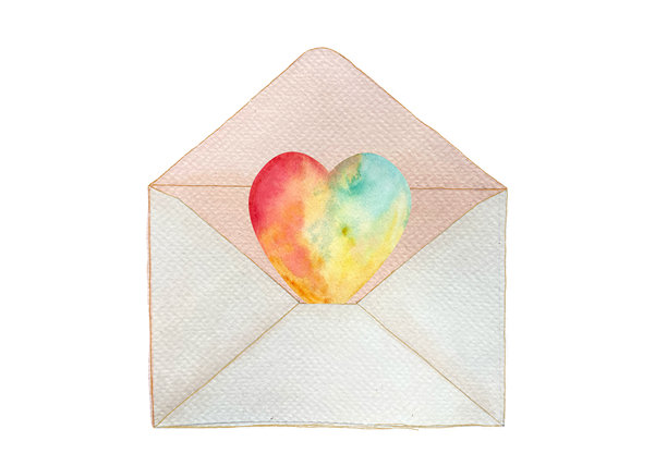 五彩斑斓的心形图案在白色背景的信封中，手绘水彩插图。完美的情人节素材，适用于爱情卡片、海报、博客文章、贴纸包和电子邮件装饰。纹理剪贴画。图片下载