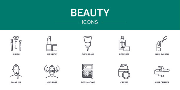 一套包含10个美容图标的轮廓设计，如腮红、口红、眼霜、香水、指甲油、化妆、按摩的矢量图标，适用于报告、演示、图表、网页设计和移动应用。图片下载
