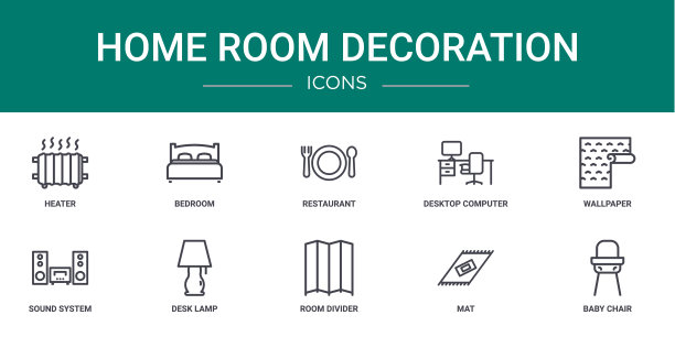 一套包含10个轮廓风格的网页家居装饰图标，如暖气、卧室、餐厅、桌面电脑、壁纸、音响系统、台灯的矢量图标，适用于报告、演示、图表和网页设计。图片下载