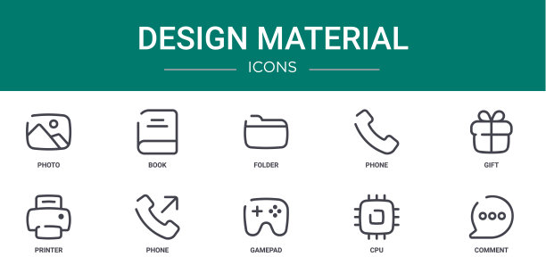 一套包含10个轮廓风格的网页设计素材图标，如照片、书籍、文件夹、电话、礼物、打印机、电话矢量图标，适用于报告、演示、图表、网页设计和移动应用。图片下载