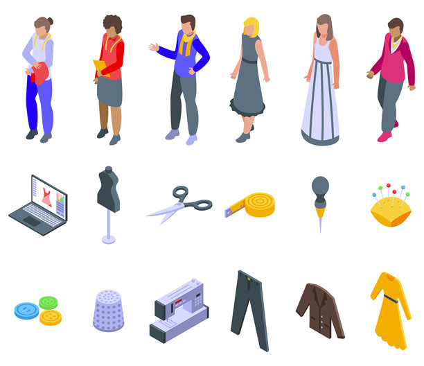 时装设计师图标集2.5D矢量图，服装工作室图片下载
