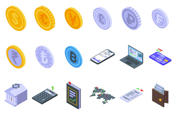货币转换图标集2.5D矢量图：兑换支付图片下载