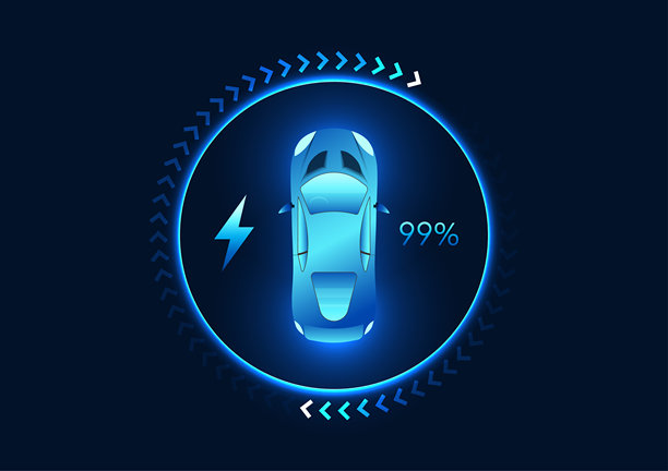 电动车技术 车载屏幕显示电池充电状态，并有一个箭头指示汽车是由电力驱动而非汽油。这是绿色能源。图片下载
