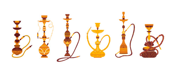 一组水烟插图。阿拉伯和土耳其水烟。吸烟与放松。图片下载