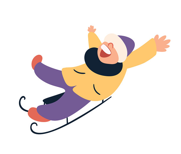 孩子在温暖的街道上穿着冬季休闲服装滑雪橇。矢量插图。图片下载