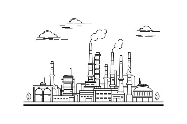 石油炼油厂，工厂，工业园区，云朵和树木的工业景观。白色背景上的轮廓画，线条素描。图片下载