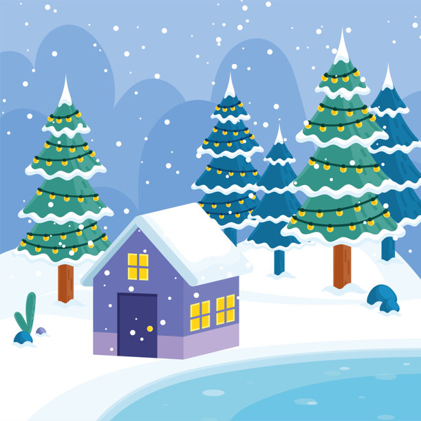 雪林中灯光闪烁的温馨小屋，矢量图图片下载