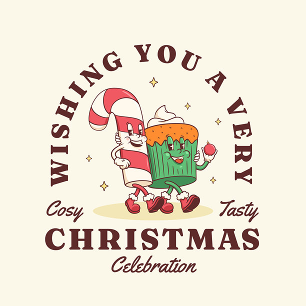 复古风格的圣诞糖果手杖和蛋糕角色。卡通圣诞杯子蛋糕甜点人物搞笑语录标签。冬季假日吉祥物模板背景。快乐的复古插图，独立展示。图片下载