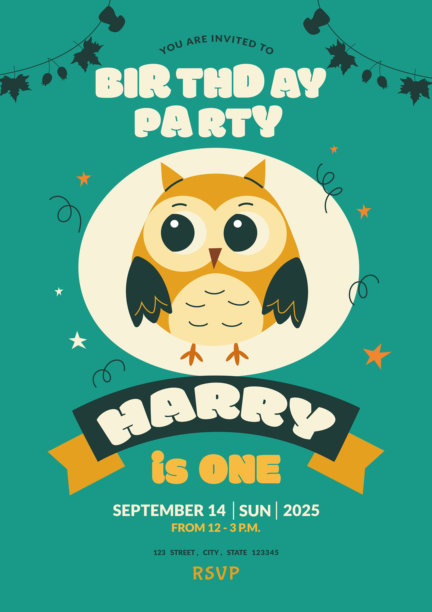 儿童生日派对邀请函矢量模板。1岁宝宝洗礼。带可爱猫头鹰的儿童生日卡。儿童派对，社交媒体，在线，儿童照片框。图片下载