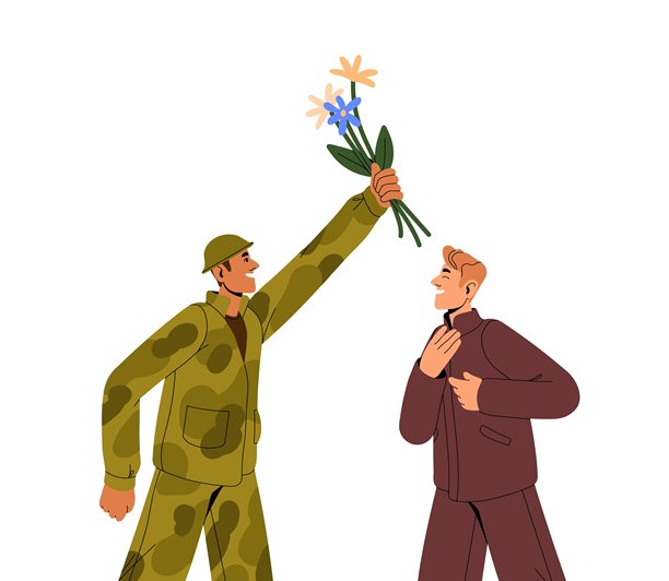 快乐的人们庆祝战争结束。一个人感谢士兵带来的和平，并送上鲜花。捍卫者手捧花束祝贺，因礼物而欢欣鼓舞。平面孤立的矢量插图，背景为白色。图片下载