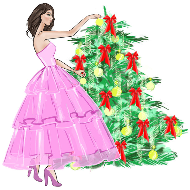 穿着粉色裙子的时尚女性在白色背景上装饰圣诞树的节日插图图片下载