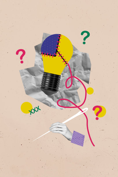 垂直照片拼贴，包含下水道手孔、针、绳子、灯泡、问号、头脑风暴、创意和计划，背景为涂漆的图案。图片下载