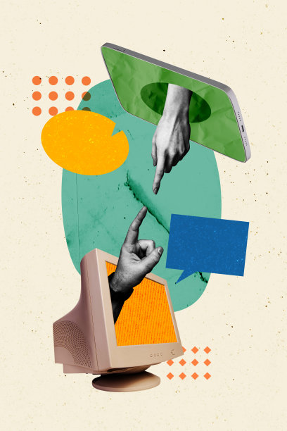 复合趋势艺术作品草图，展示了网络空间、智能手机显示屏、过时的电脑显示器和手势指点的照片拼贴。图片下载