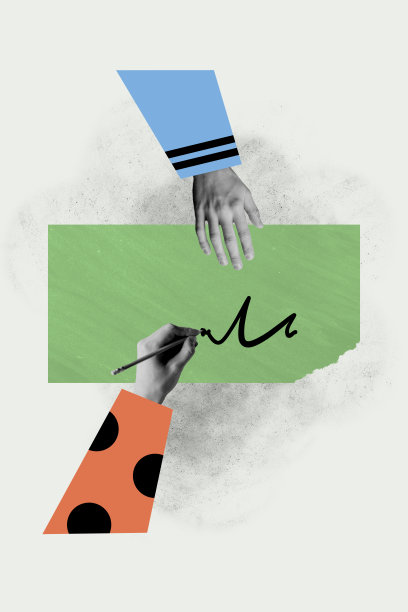 商务人士的手在纸质合同上签字，白色手握着笔，达成交易，背景为涂鸦风格的垂直照片拼贴。图片下载