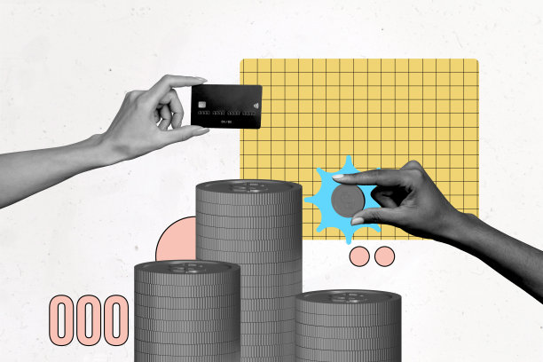 复合照片拼贴，手握硬币、美元收入、信用卡支付、无现金预算电子商务，背景为涂鸦风格。图片下载