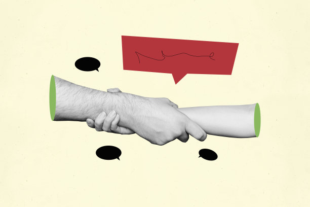 手握在一起的复合照片拼贴，气泡交流、握手、合作、恋人情感，孤立在涂鸦背景上。图片下载