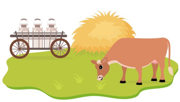 农场动物。可爱的农场。一头红色的奶牛在农场院子里吃草。农场动物在谷仓里的集合。婴儿平面矢量插图。图片下载