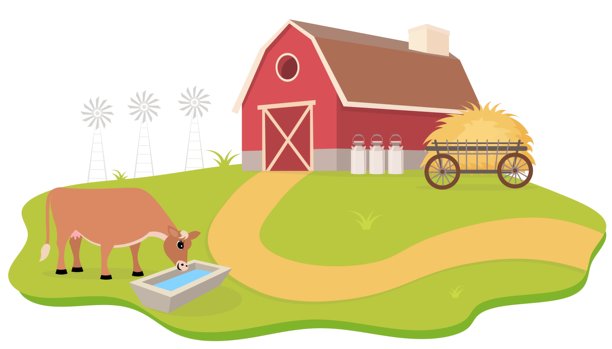 农场动物。可爱的农场。一头红色的奶牛在农场院子里喝水。农场动物在谷仓里的集合。婴儿平面插图。图片下载