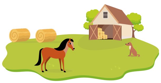 农场动物。可爱的农场。农场院子里的马和狗。谷仓里的农场动物集合。婴儿平面矢量插图。图片下载